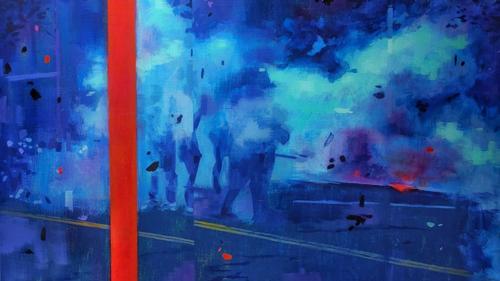 人们在夜晚走在有雾的街道中间的抽象画, 五彩纸屑, 或烟